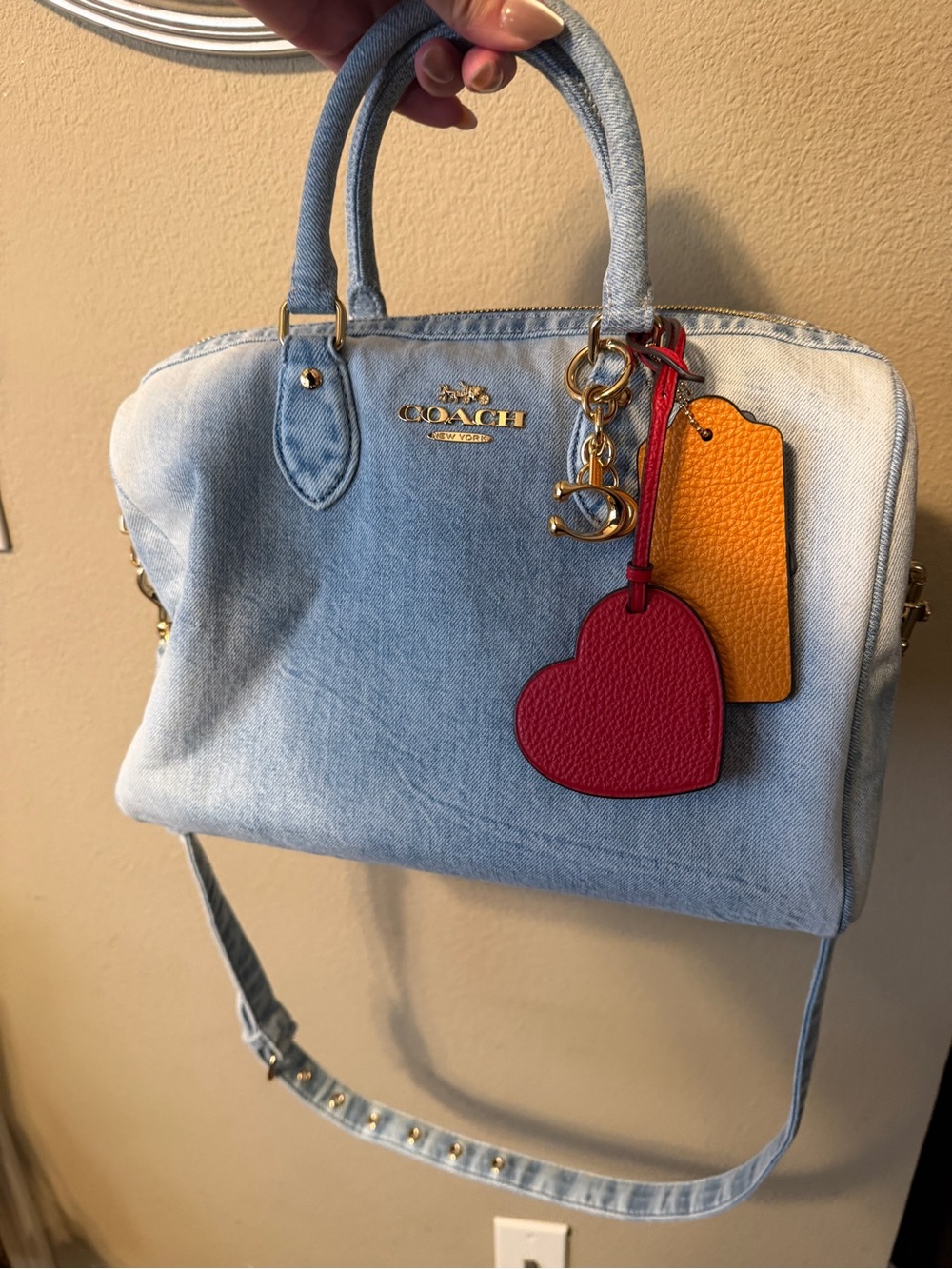 Coach Light Blue Denim Rowan Satchel with Red Heart and Yellow and Blue Charms